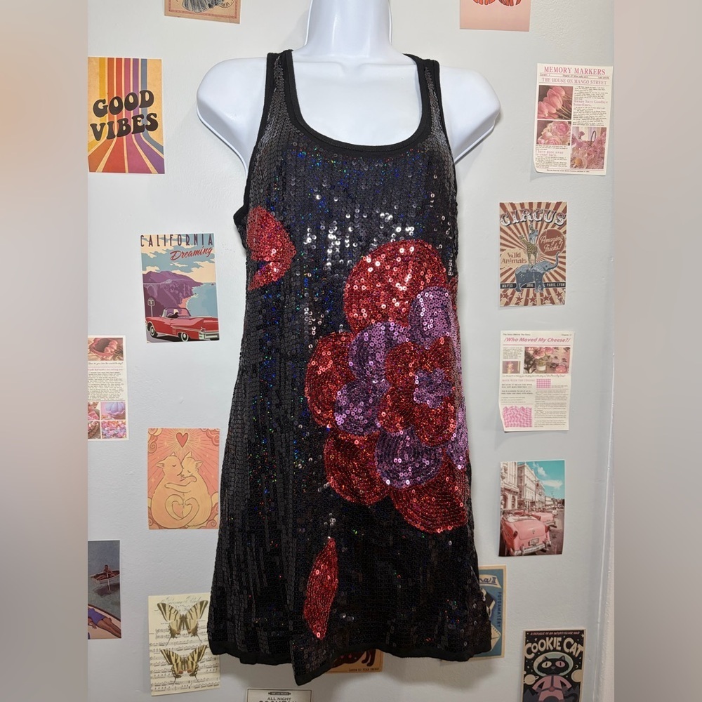 Forever 21 Black Sequin Mini Dress with Red & Purple Floral Sequin Design